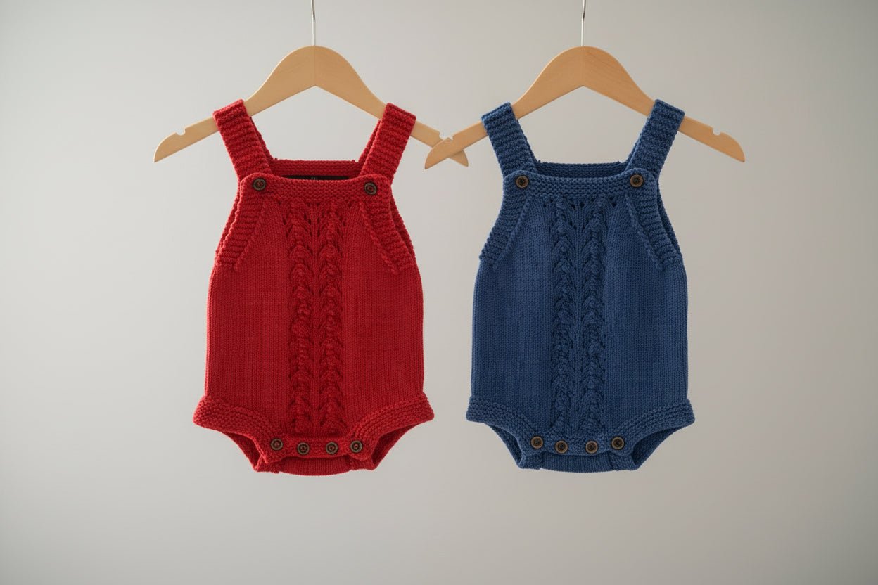 Hand Knitted Baby Romper - Red and Blue Lace Pattern - Timeless Knits Ltd